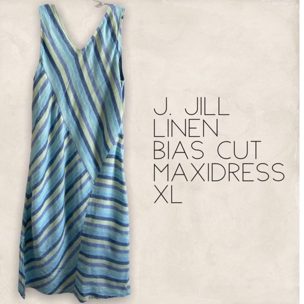 J.Jill Linen Blue Lotus Bias Stripe MIDI Dress L/XL